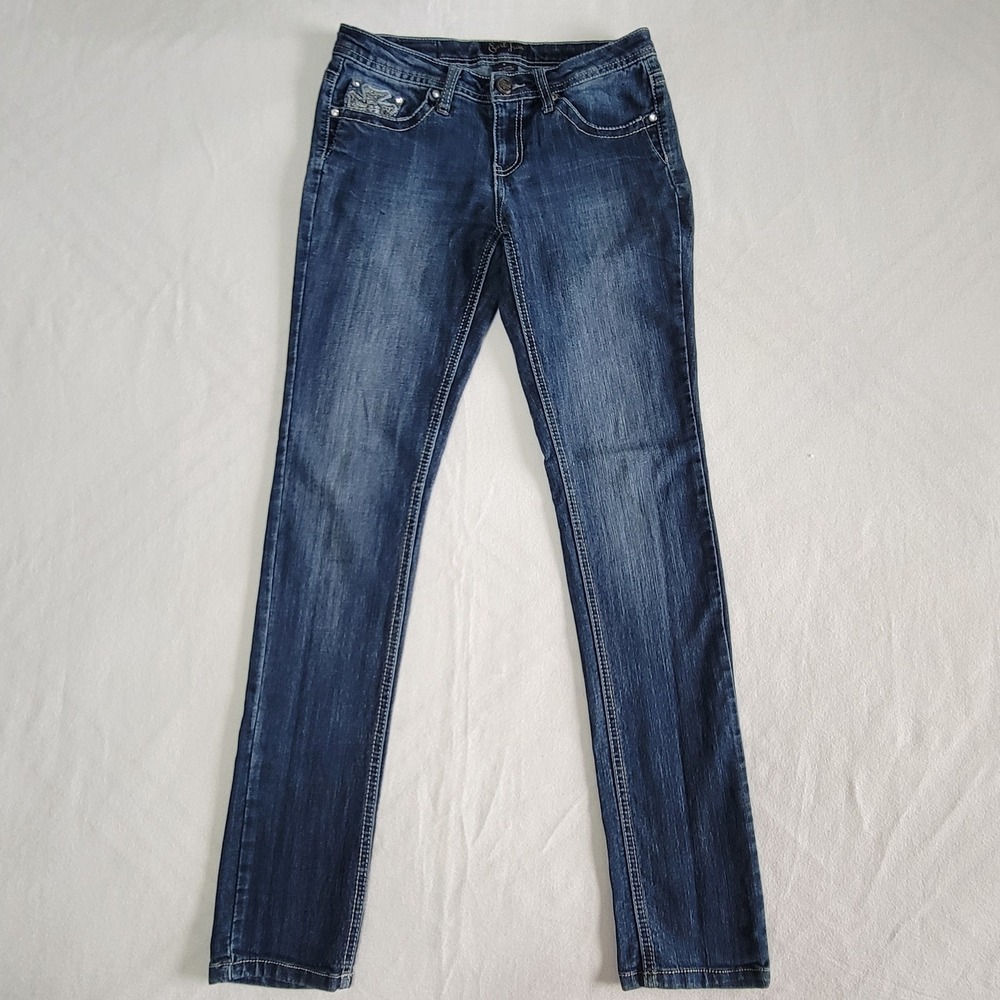 Earl Jean Skinny Blue Jeans Dark Wash Women's 5 Y2K Embellished Rhinestone Glam